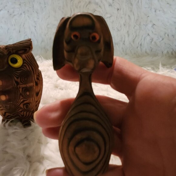 Hand Carved Cryptomeria Japan Wony Owl & Dog Figurine Set - Picture 4 of 11